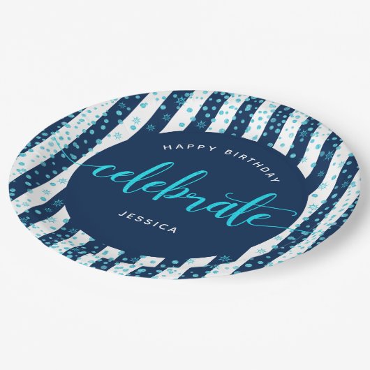 Assiettes En Carton Scénario de parties scintillant turquoise rayures  (Angle)