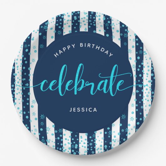 Assiettes En Carton Scénario de parties scintillant turquoise rayures  (Devant)