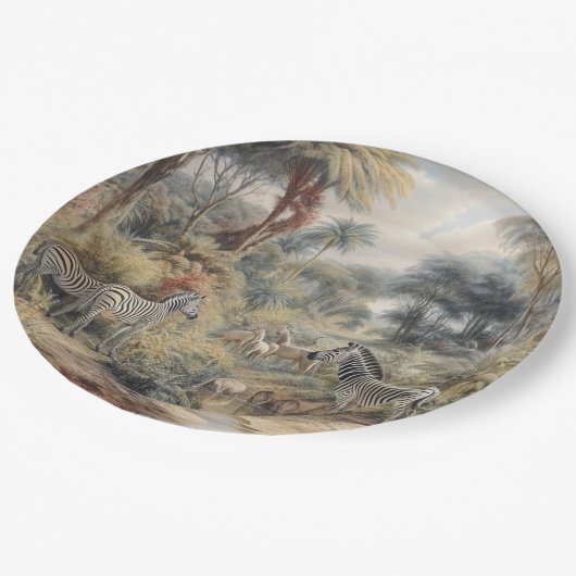 Assiettes En Carton Scène botanique de zèbres et lions dans une oasis (Angle)