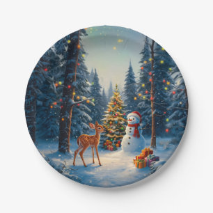 Assiettes En Carton Scene d'arbre de Noël Cute Deer Fawn Snowman