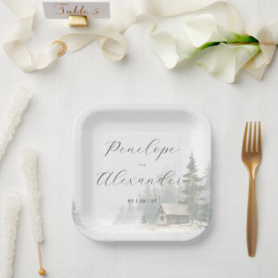 Assiettes En Carton Scène de cabane à l'aquarelle hivernale fantaisist