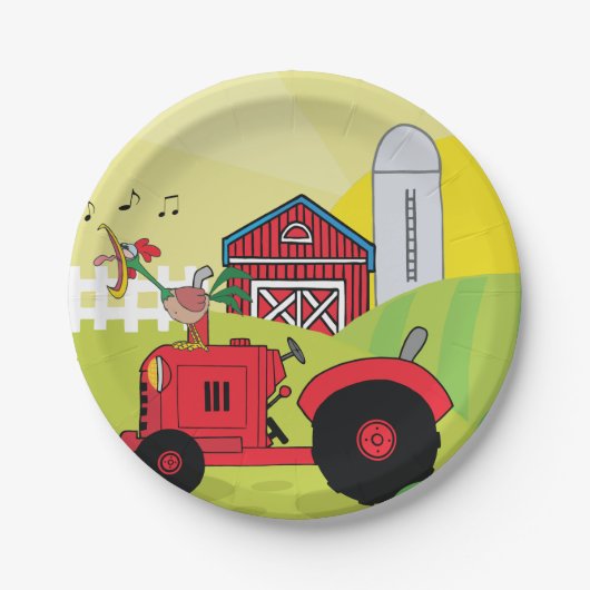 Assiettes En Carton Scène de ferme avec coq chantant sur tracteur (Devant)