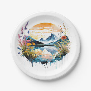 Assiettes En Carton Scène de montagne à l'aquarelle