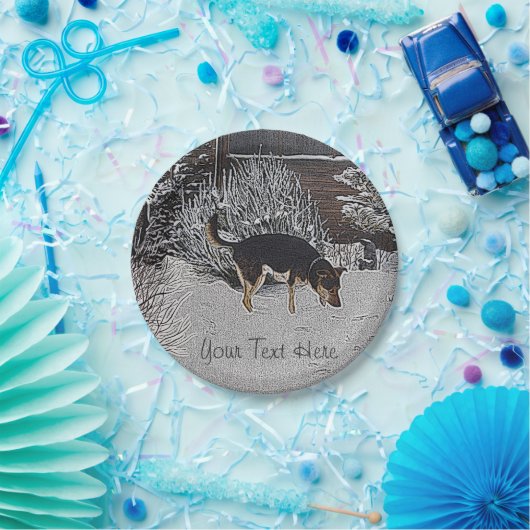 Assiettes En Carton Scène de neige d'hiver avec le chien noir et (Fête)