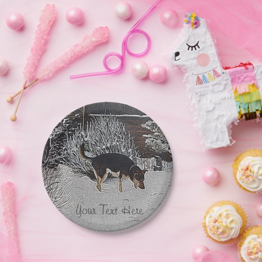 Assiettes En Carton Scène de neige d'hiver avec le chien noir et (Fête)