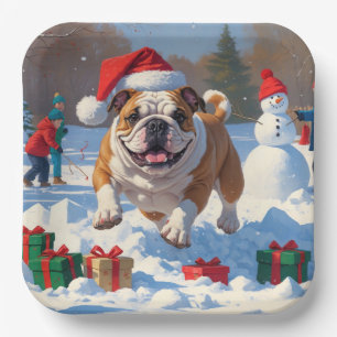 Assiettes En Carton Scène de neige festive de Noël Bulldog