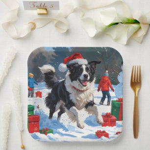Assiettes En Carton Scène de Noël festive Border Collie dans la neige