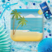 Assiettes En Carton Scène De Plage De Palm Tree (Fête)