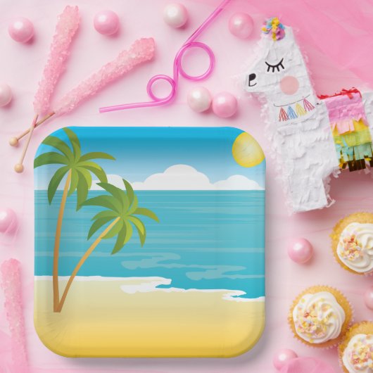 Assiettes En Carton Scène De Plage De Palm Tree (Fête)