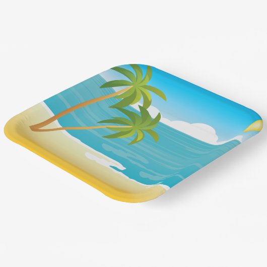 Assiettes En Carton Scène De Plage De Palm Tree (Angulaire)