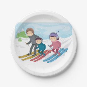 Assiettes En Carton Scène de ski en famille hiver neige