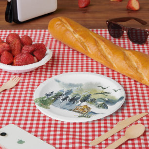Assiettes En Carton Scène forestière à l'aquarelle
