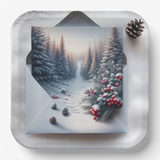 Assiettes En Carton Scène forestière d'hiver dans une enveloppe (Recto)