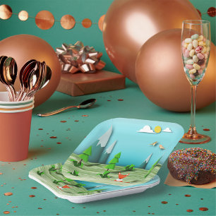 Assiettes En Carton Scène forestière d'Origami avec les montagnes et l