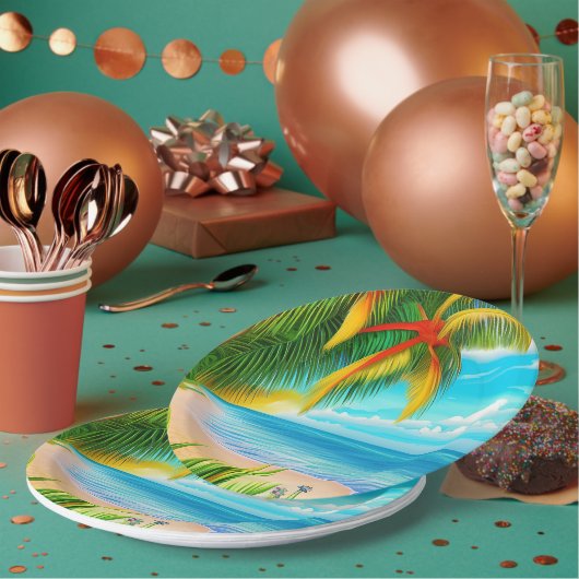 Assiettes En Carton Scène Tropical Beach Palm Tree (Multi)