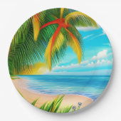 Assiettes En Carton Scène Tropical Beach Palm Tree (Devant)