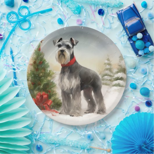 Assiettes En Carton Schnauzer Chien à Noël de neige (Fête)