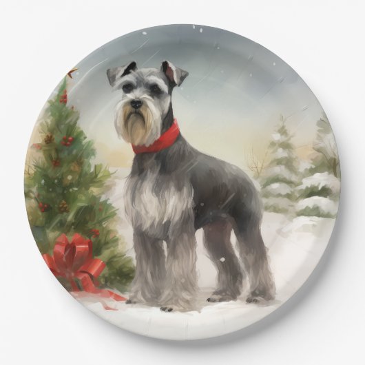 Assiettes En Carton Schnauzer Chien à Noël de neige (Devant)