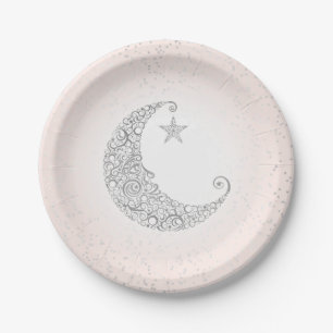 Assiettes En Carton Scintille Petite Étoile Lune Argent Rose