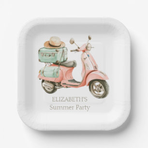Assiettes En Carton Scooter de bord de mer rose et aqua mignon