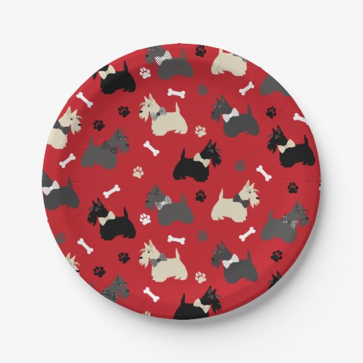 Assiettes En Carton Scottish Terrier Paws and Bones Red (Devant)