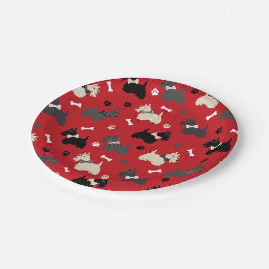 Assiettes En Carton Scottish Terrier Paws and Bones Red (Angle)