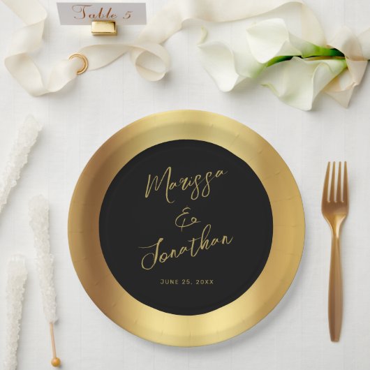 Assiettes En Carton Script Black Gold moderne Mariage brillant (Mariage)