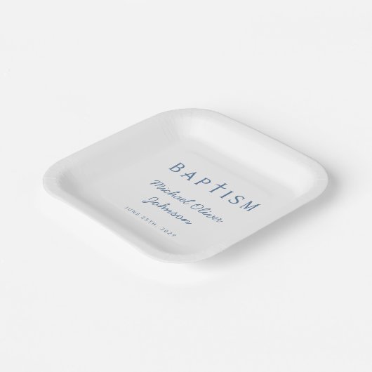 Assiettes En Carton Script bleu moderne Croix religieuse garçon Baptêm (Angulaire)
