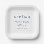 Assiettes En Carton Script bleu moderne Croix religieuse garçon Baptêm (Recto)