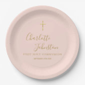 Assiettes En Carton Script d'or rose pâle première communion sainte (Devant)