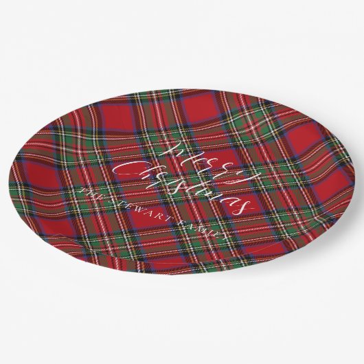 Assiettes En Carton Script élégant plaid Stewart Tartan personnalisé (Angle)