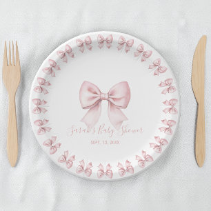 Assiettes En Carton Script et aquarelle pour Baby Shower Fille aux Nœu