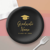 Assiettes En Carton Script Grad Name avec Casquette - Graduation Black
