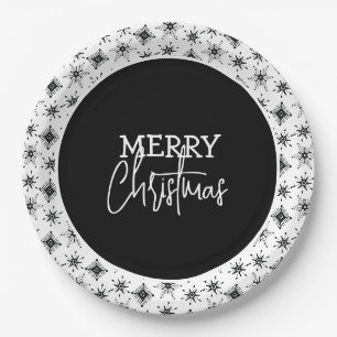 Assiettes En Carton Script Joyeux Noël Flocons de neige noirs   