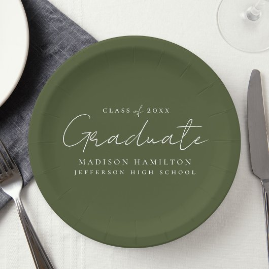 Assiettes En Carton Script manuscrit moderne Olive Green Graduation