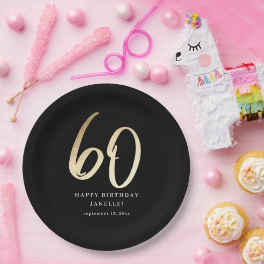 Assiettes En Carton Script moderne 60e anniversaire Noir & Or (Fête)