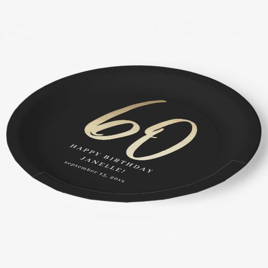 Assiettes En Carton Script moderne 60e anniversaire Noir & Or (Angle)