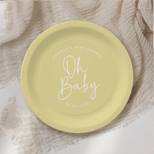 Assiettes En Carton Script moderne Jaune Oh Baby Baby shower simple