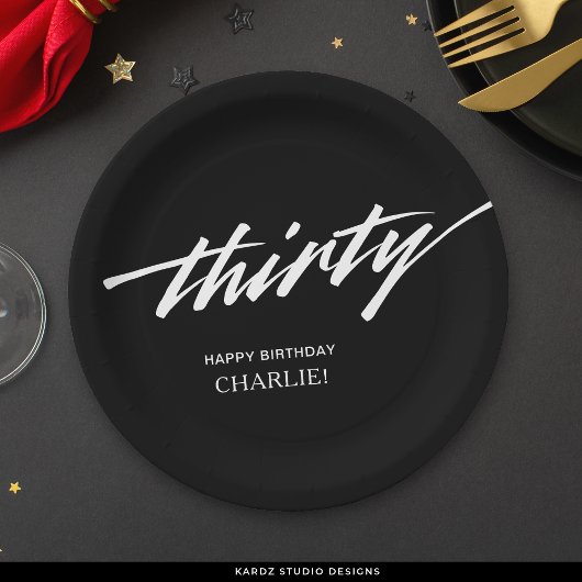 Assiettes En Carton Script moderne noir blanc 30e anniversaire