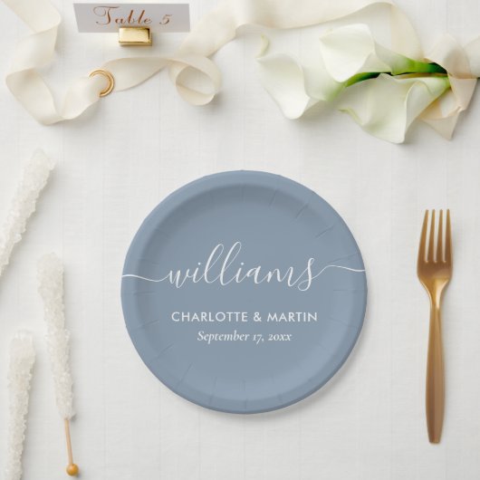 Assiettes En Carton Script moderne simple et élégant Mariage bleu pous (Mariage)