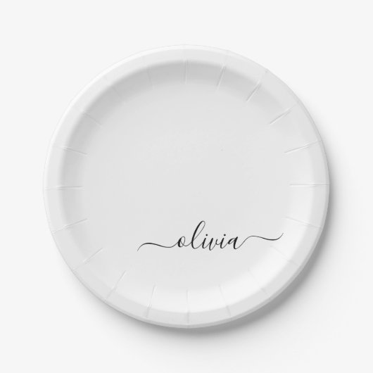 Assiettes En Carton Script Monogramme Nom Moderne Fille Noir Blanc (Devant)
