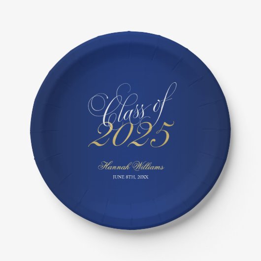 Assiettes En Carton Script Navy Blue Faux Gold 2025 Graduation Party (Devant)