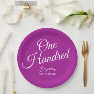 Assiettes En Carton Script simple moderne rose foncé 100e anniversaire