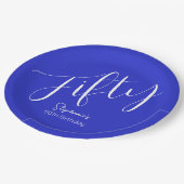 Assiettes En Carton Script simple moderne Royal Blue 50th Birthday (Angle)