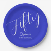 Assiettes En Carton Script simple moderne Royal Blue 50th Birthday (Devant)