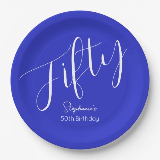 Assiettes En Carton Script simple moderne Royal Blue 50th Birthday (Devant)