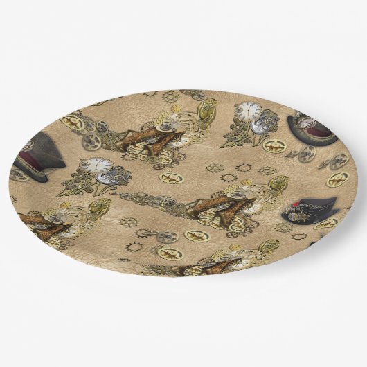 Assiettes En Carton Sculptures de Steampunk sur Tan Leather Texture (Angle)