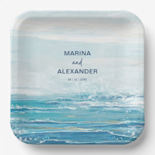 Assiettes En Carton Sea Blue Beach Waves Coastal Watercolor Mariage