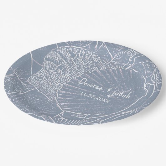 Assiettes En Carton Sea Shell Dusty Blue Coastal Beach (Angle)