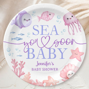 Assiettes En Carton Sea You Soon Baby Shower Fille Rose Animaux Océan